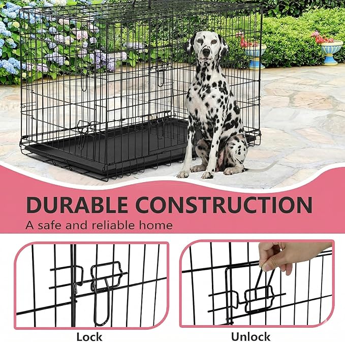 FDW 45 Inch Dog Crate for Large Dogs, Folding Metal Cage with Double Door & Leak-Proof Tray, Black