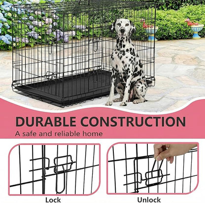 FDW 45 Inch Dog Crate for Large Dogs, Folding Metal Cage with Double Door & Leak-Proof Tray, Black