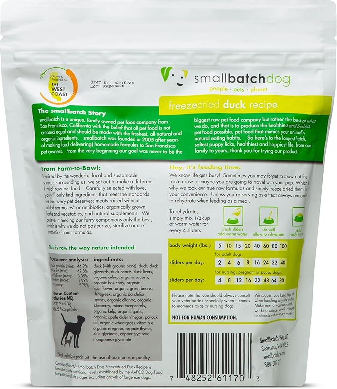 smallbatch Pets Freeze Dried Raw Dog Food, Duck Recipe, 14 oz, Organic High Protein Dog Food, Grain Free, Made in the USA, Humanely Raised Meat, Single Protein, for Picky Eaters, Hydrate & Serve