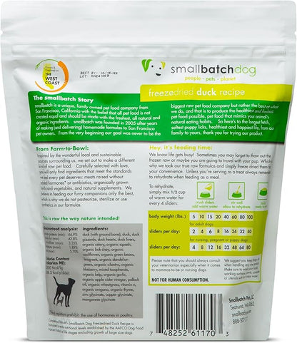 smallbatch Pets Freeze Dried Raw Dog Food, Duck Recipe, 14 oz, Organic High Protein Dog Food, Grain Free, Made in the USA, Humanely Raised Meat, Single Protein, for Picky Eaters, Hydrate & Serve
