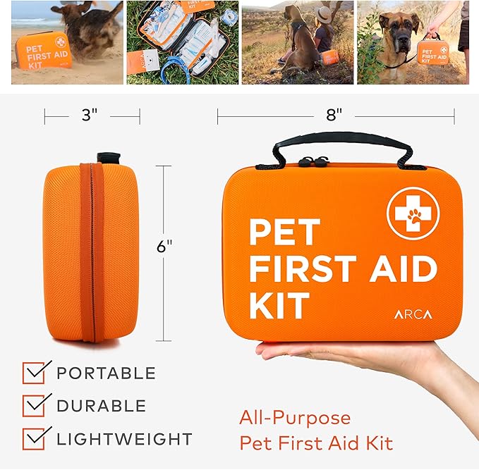 ARCA PET Cat & Dog First Aid Kit for Car - Pet Emergency Kit for Home Office Travel – Dog Camping Essentials with Digital Thermometer, Muzzle & Mini First Aid Pouch