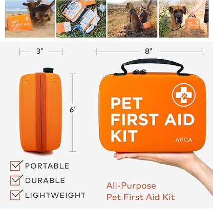 ARCA PET Cat & Dog First Aid Kit for Car - Pet Emergency Kit for Home Office Travel – Dog Camping Essentials with Digital Thermometer, Muzzle & Mini First Aid Pouch