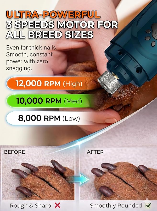 YABIFE Super Quiet Dog Nail Grinder & Clippers Kit with 2 LED Lights, 3 Speeds Up to 12,000 RPM, Lower Than 30dB Electric Pet Nail Trimmer for Small Medium Large Dogs and Cats