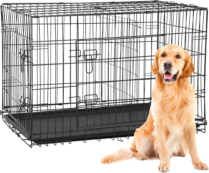 BestPet | 42" Dog Crate | Black | Foldable Metal Kennel with Double Doors, Secure Slide-Bolt Latches, Leakproof Tray | Portable Dog Cage for Large Breeds | for Travel, Indoor & Outdoor Use