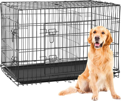 BestPet | 42" Dog Crate | Black | Foldable Metal Kennel with Double Doors, Secure Slide-Bolt Latches, Leakproof Tray | Portable Dog Cage for Large Breeds | for Travel, Indoor & Outdoor Use