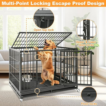 Homey Pet Large Dog Crates for Large Dogs, 47 Inch Heavy Duty Stackable Dog Cage with 2 Bowls, 4 Wheels, Double Removable Trays and Grids, Escape Proof Metal Wire Dogs Kennel Indoor