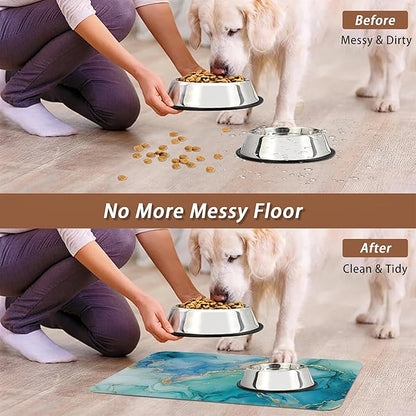 Marble Dog Cat Food Mat,Blue Teal Turquoise Gold Absorbent Pet Feeding Mat with Rubber Backing,Non-Slip Water Bowl Placemat,Indoor Pet Accessories Supplies 16"x24"