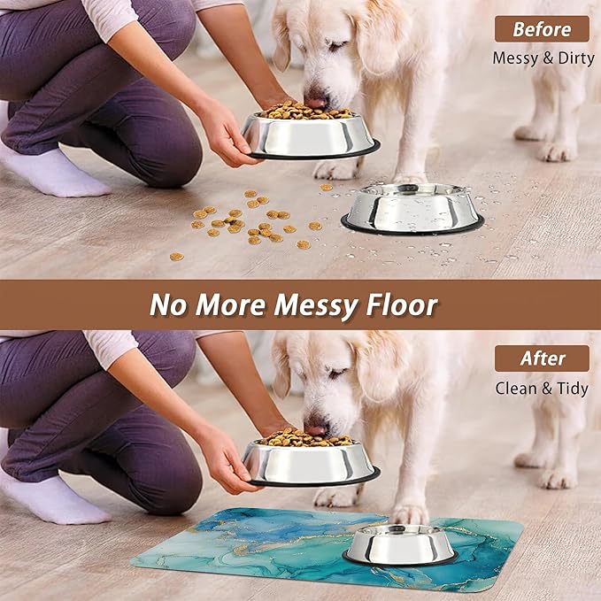 Marble Dog Cat Food Mat,Blue Teal Turquoise Gold Absorbent Pet Feeding Mat with Rubber Backing,Non-Slip Water Bowl Placemat,Indoor Pet Accessories Supplies 12"x20"