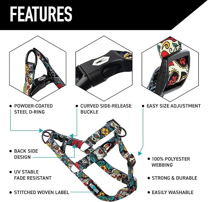 Wolfgang Heavy Duty Adjustable Dog Harness, Pull-Tested to Over 800 lbs for Walking & Training, LosMuertos Print, Small
