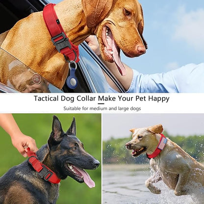 DAGANXI Tactical Dog Collar, Adjustable Military Training Nylon Dog Collar with Control Handle and Heavy Metal Buckle for Medium and Large Dogs, with Patches and Airtags Case (Red, XL)
