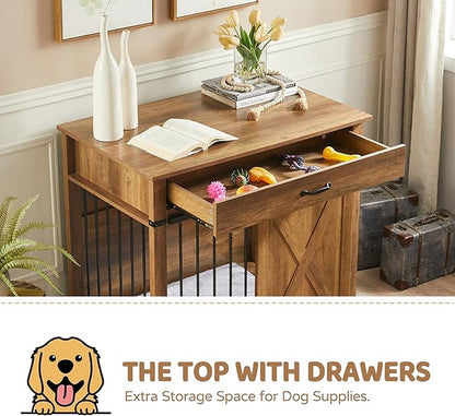 37.8" Furniture Style Dog Crates with Drawer, Farmhouse Wooden Dog Kennel Furniture with Sliding Barn Door & Water Resistant for Small/Medium/Large Dog, Rustic Oak