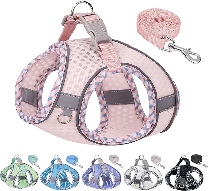Summer Dog Harness and Leash Set, Soft Dog Vest Harness with Super Breathable Diamond Mesh, Reflective No-Pull Pet Harness for Outdoor Walking, Training for Small Dogs, Cats Pearl Pink XXS