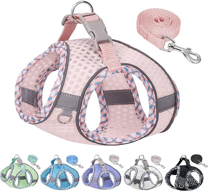 Step in Dog Harness and Leash Set, No Pull Escape Proof Vest Harness with Soft Diamond Mesh and Reflective Bands, Adjustable Pet Outdoor Harnesses for Medium Size Dogs Pearl Pink M