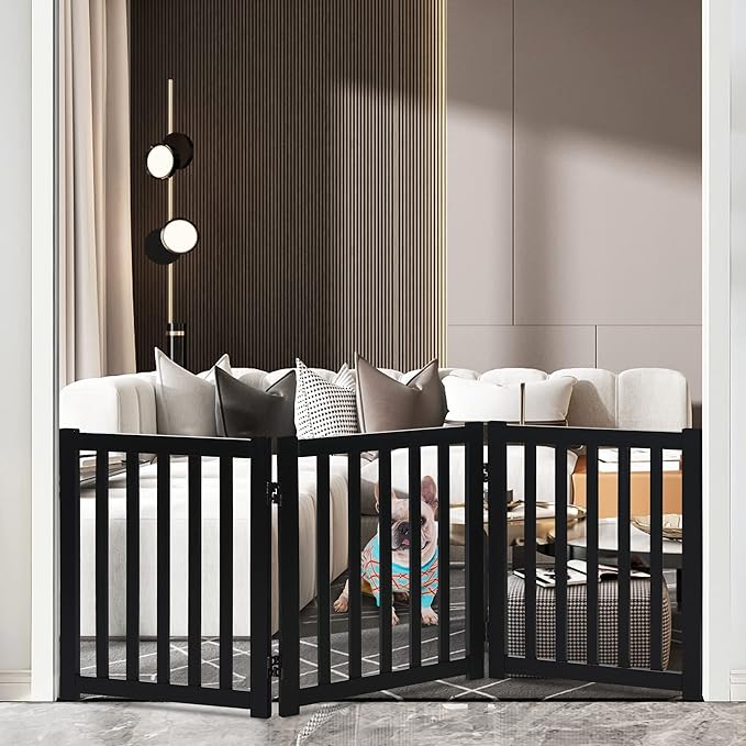 LZRS 3-Panel Wooden Free Standing Foldable Dog Gate Indoor – 24" High,Step-Over Safety Pet Gate for Doorways, Stairs, Hallways, Indoor Dog Barrier for Small to Medium Dogs & Puppies, Black