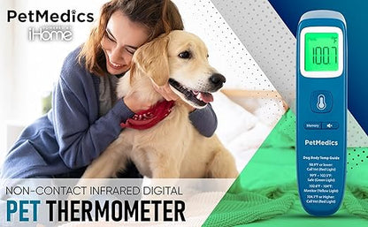 PetMedics by iHome Cat & Dog Thermometer for Pets Ear or Belly No Contact Scan - Large Number Digital Lit Display - Batteries Included - Canine and Pet Fever Detection