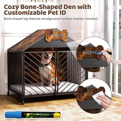 Heavy Duty Dog Crate Furniture for Large Breeds, 39.4" XXL Indoor Wooden Dog Kennel with Gable Roof, Escape Proof Double Door & Chew Proof Metal Cage for German Shepherd/Labrador, Rustic Brown
