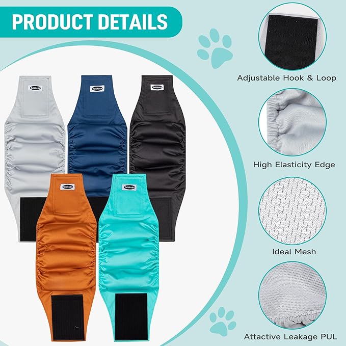 Tuiskusa Male Dog Diapers, High Absorbing Dog Belly Bands for Male Dogs, Washable Reusable Dog Male Wraps(5 Pack)