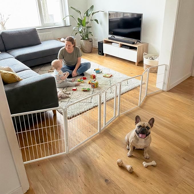 FXW Dog Gate Extra Wide Designed for Indoor Use, Adjustable Width Up to 137-inch Wide (24" H 6 Wire Panels for Puppies and Small Dogs), White