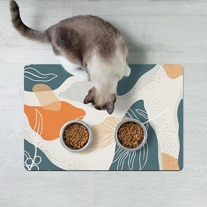 Rnivvi Dog Food Mat, 12" x 19" Boho Absorbent Dog Cat Bowl Mat for Food and Water, 3MM Anti-Slip Rubber Pet Feeding Rug Protect Floors, Puppy Placemat for Feeding & Watering Supplies, Abstract Leaves