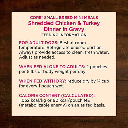 Wellness CORE Small Breed Mini Meals Shredded in Gravy Adult Wet Dog Food, Grain Free, Natural, Chicken and Turkey Dinner Recipe, 3 oz, Pack of 12 Pouches