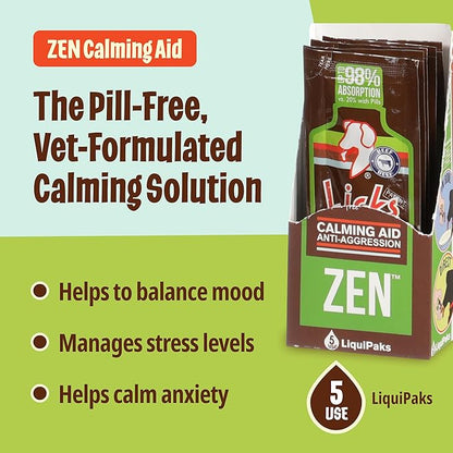 Licks Pill Free Zen Dog Calming - Calming Aid Supplements for Aggressive Behavior & Nervousness - Treats for Stress Relief & Dog Health - Gel Packets - Roasted Chicken Flavor, 5 Use
