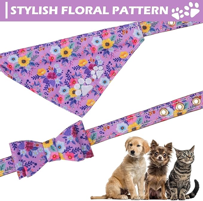 EXPAWLORER Dog Collar and Leash Set - Embroidery Floral Dog Bow Tie and Bandana Collar with Bell, Cute Flower Pet Collars and Rotating Leash No Tangle for Outdoor Walking, Purple S