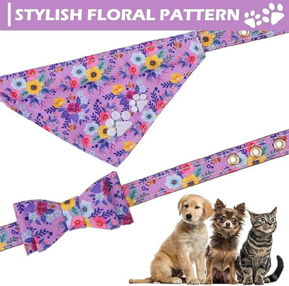 EXPAWLORER Dog Collar and Leash Set - Embroidery Floral Dog Bow Tie and Bandana Collar with Bell, Cute Flower Pet Collars and Rotating Leash No Tangle for Outdoor Walking, Purple S