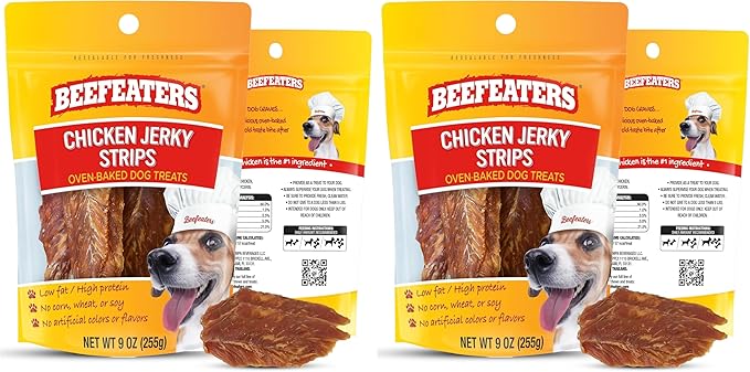 Beefeaters Chicken Jerky Strips for Dogs, 9 oz – Dog Treat. 100% Real Chicken Breast, Grain-Free, No Additives, Perfect for Training & Healthy Growth, Allergy-Friendly (Pack of 2)