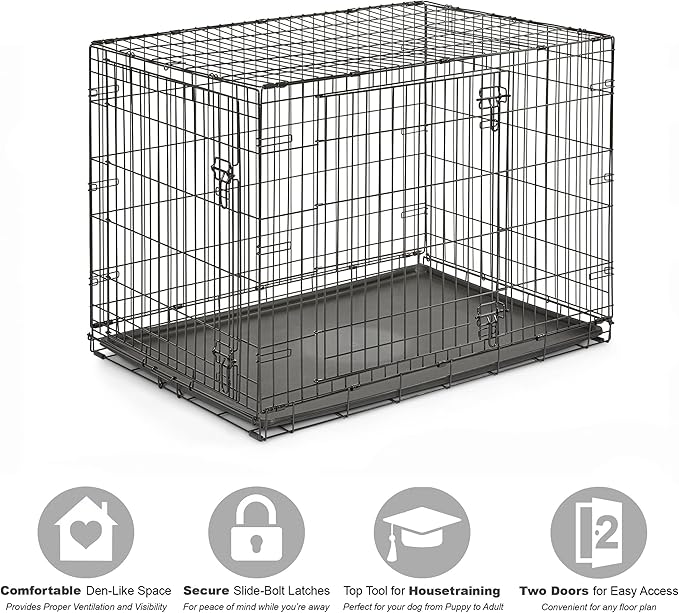 Midwest Homes for Pets 42-Inch New World Crate for Large Breeds, 71-90 lbs, Double Door Folding Dog Crate, Leak-Proof Tray & Secure Latches, Portable, Durable & Easy to Assemble