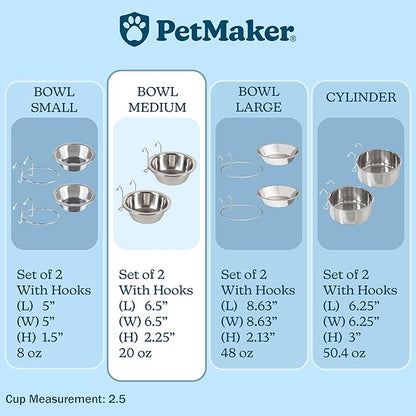 Set of 2 Stainless-Steel Dog Bowls - Cage, Kennel, and Crate Hanging Pet Bowls for Food and Water - 20oz Each and Dishwasher Safe by PETMAKER,Silver