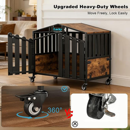 EasyCom 31" Heavy Duty Dog Crate Furniture, Dogs Kennel Indoor with 360° Wheels, Decorative Dog Crates for Small Dogs, Wooden Dog Cage with Feeding Window and Name Tag, Dog House, Rustic Brown