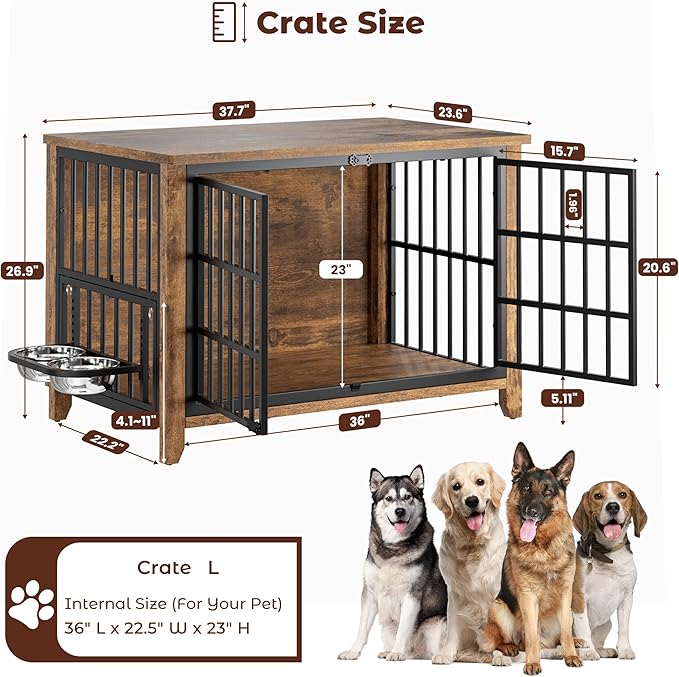 Lulive Wooden Dog Crate Furniture, Large Dog Kennel Indoor with 360°& Adjustable Raised Dog Bowls, Double Doors Furniture Dog Crates End Table for Large/Medium Dogs 37.8" L*23.6" W*27" H, Brown
