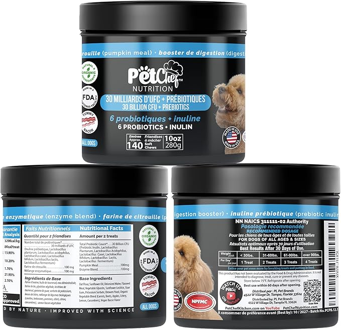 Pet Chef Probiotic Blend for Dogs with Prebiotics & Enzymes 140 Naturally Healthy Soft Chews for Digestion Gut & Skin Health Puppy-Friendly Improves Poop Stops IBS Low Calorie No Fillers