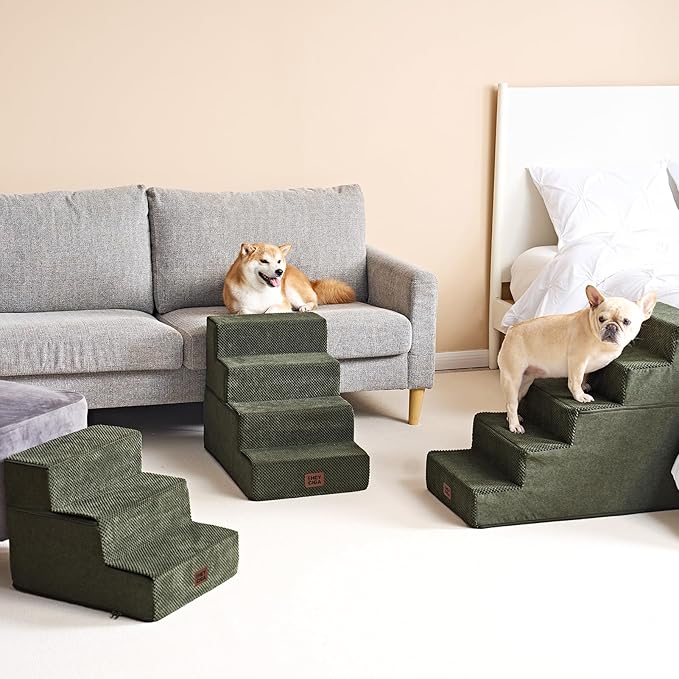 EHEYCIGA Dog Stairs for High Bed 22.5" H, 5-Step Dog Steps for Bed, Pet Steps for Small Dogs and Cats, Non-Slip Balanced Pet Ramp Indoor, Military Green