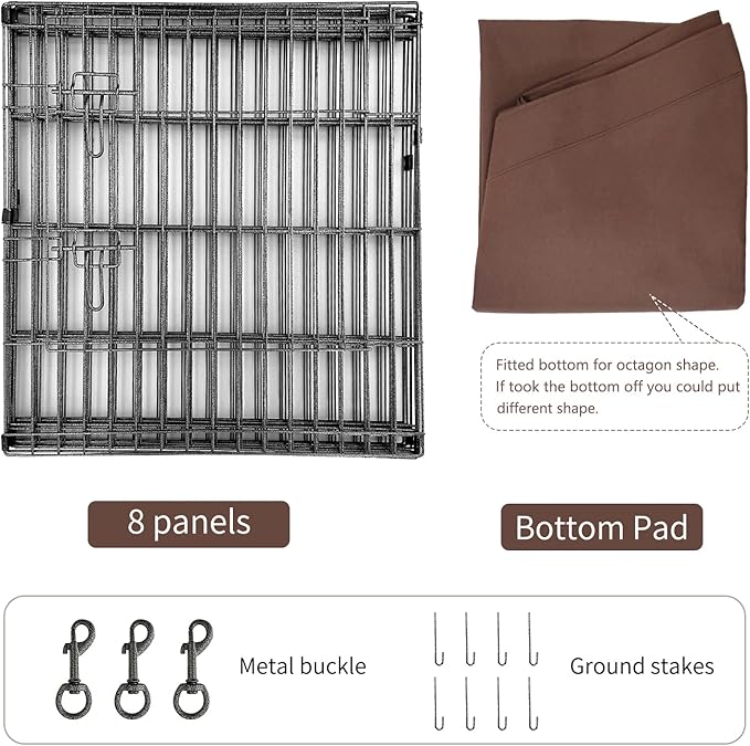 NEZUC Foldable Metal Dog Exercise Playpen Gate Fence Dog Crate 8 Panels 24 Inch Height Puppy Kennels with Top Cover/Bottom Pad for Animals Outdoor Indoor (Playpen+Bottom Pad, Brown, 24" H)