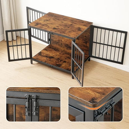 HOOBRO Heavy Duty Dog Crate Furniture, 31.5" Wooden Indoor Kennel with 3 Doors, Chew Resistant Metal Cage for Small and Medium Breeds, Dog Crate Side Table, Black and Rustic Brown BF81GW03