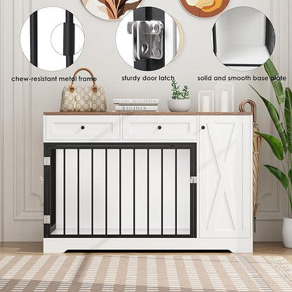 Dog Crate Furniture Kennel with Double Doors Wooden Pet House with 2 Drawers and Storage Cabinet, Indoor Dog Cage Farmhouse Modern Side End Table for Small Medium Dogs, White
