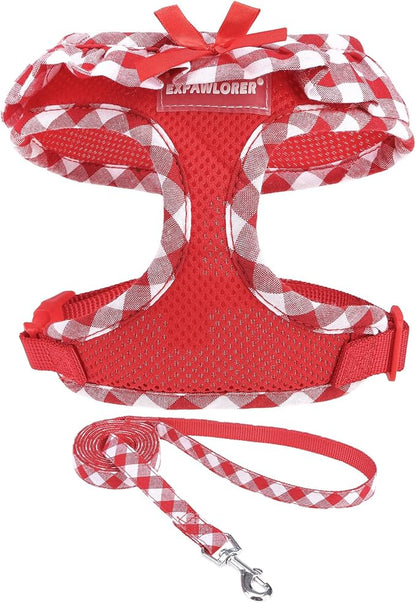 EXPAWLORER Cute Dog Harness and Leash Set - Red Girl Dog Harness Checkered Step-in Design, Easy Adjustable No-Choke Lightweight Breathable Vest for Puppy Small Dogs Cats Outdoor Walking, X-Small