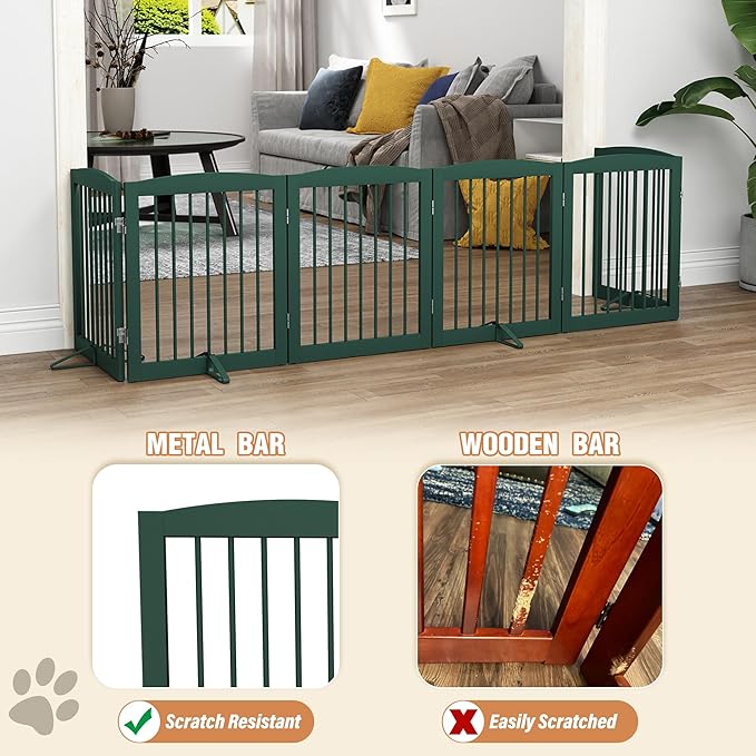 PUPETPO Freestanding Pet Gate for Dogs, Foldable Wooden Dog Gate for House, Extra Wide Indoor Pet Barrier for Stair, Doorway, Hall, Support Feet Included, 120 Inch Wide, 6 Panels 24",Green