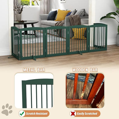 PUPETPO Freestanding Pet Gate for Dogs, Foldable Wooden Dog Gate for House, Extra Wide Indoor Pet Barrier for Stair, Doorway, Hall, Support Feet Included, 120 Inch Wide, 6 Panels 24",Green