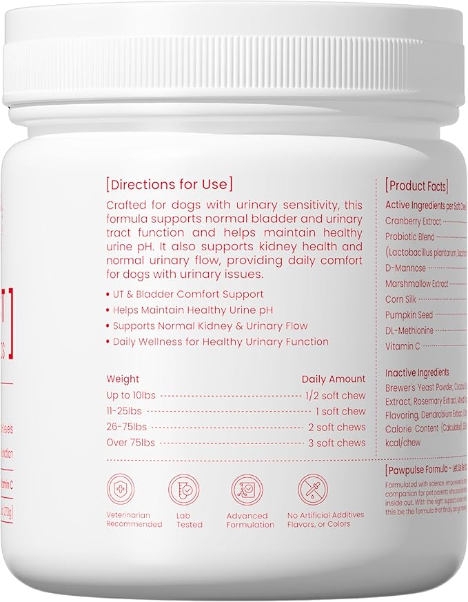 Pawpulse Formula Cranberry for Dogs, Urinary Tract Support for UTI Health, Bladder Stones, Incontinence, Urine Flow, Probiotics for Gut & Immune, 90 Chews