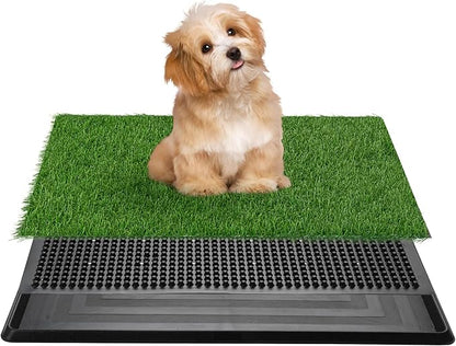 Dog Grass Pad with Tray, 25" x 20" Indoor Artificial Grass Pee Pad for Puppy Potty Training, Portable Dog Toilet Pet Loo, 3-Layer System