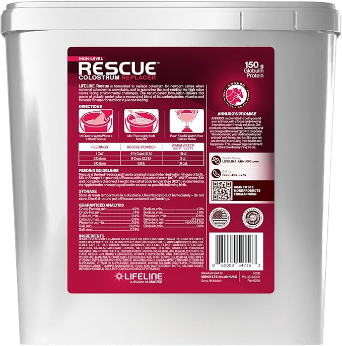 ANNUSO LIFELINE Rescue High-Level Colostrum Replacer for Calves, 8.8lb Pail - 150g Globulin Protein - Replaces Maternal Colostrum in One Feeding - Immune Support, Vitamins, Minerals - Easy-Mix Formula
