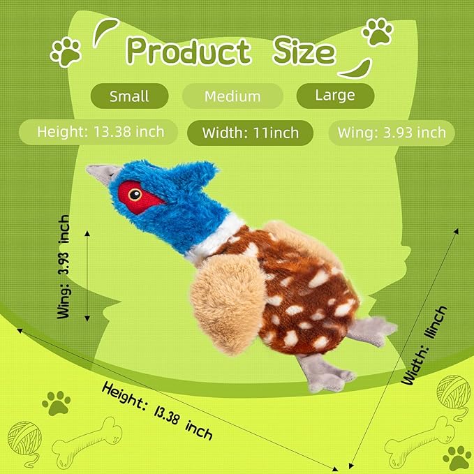 Pheasant (Bird) Dog Squeaky Toy for Aggressive Chewers - No Stuffing Chew Proof Plush with 4 Squeakers & Crinkle Wings, Durable Puppy Toys for Small Medium Large Dogs (Blue & Brown)