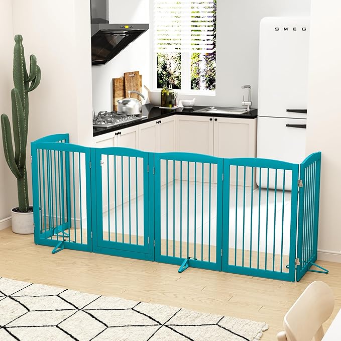 PUPETPO Freestanding Pet Gate with Door, Tall Dog Gate for House, Extra Wide, Pet Puppy Safety Fence, Support Feet Included, 120 Inch Wide, 6 Panels 32" Tall, Blue