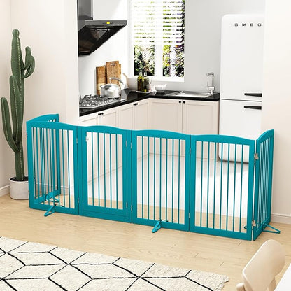 PUPETPO Freestanding Pet Gate with Door, Tall Dog Gate for House, Extra Wide, Pet Puppy Safety Fence, Support Feet Included, 120 Inch Wide, 6 Panels 32" Tall, Blue
