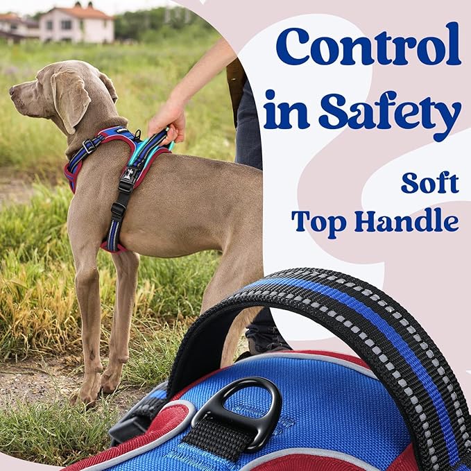 rabbitgoo Dog Harness Medium Sized, No Pull Pet Harness with 3 Buckles, Adjustable Soft Padded Vest with Control Handle, Walking Reflective Pet Vest for Medium Dogs, Royal Blue & Red, M