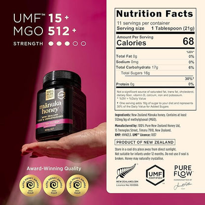 Manuka Honey UMF 15+ (MGO 512+) 100% Pure New Zealand - Certified, Raw 8.8 Ounce (250g) (Pack of 1)