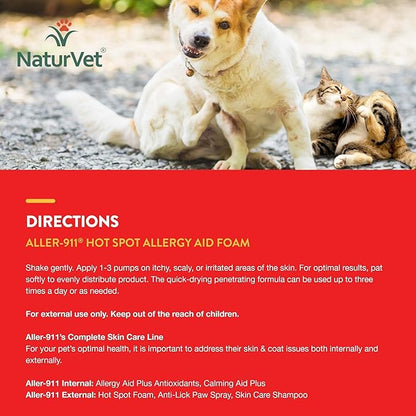 NaturVet Aller-911 Hot Spot Allergy Aid Foam Pet Supplement Plus Aloe Vera – Helps to Relieve Irritated, Itchy Skin for Cats, Dogs – Helps Deter Gnawing, Chewing – Quick Drying – 8 Oz.