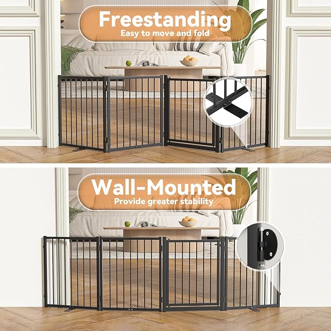 SNUOWU Full Metal Freestanding Dog Gate with Door, 24'' Height Foldable Pet Dog Fence for Indoor & Outdoor, 4 Panels Extra Wide Free Standing SmallDog Gates for Doorways,House,Stairs,Porch,Deck,Yard